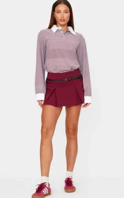 Burgundy Stretch Woven Low Rise Belted Skort