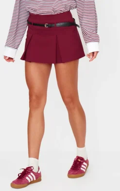 Burgundy Stretch Woven Low Rise Belted Skort