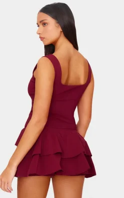 Burgundy Stretch Woven Pleated Skort Romper