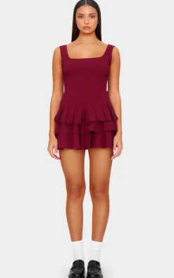 Burgundy Stretch Woven Pleated Skort Romper
