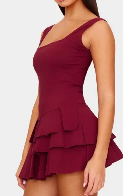 Burgundy Stretch Woven Pleated Skort Romper