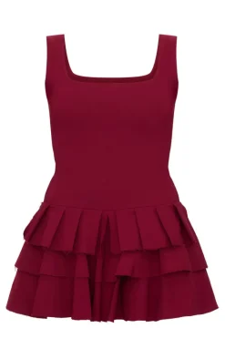 Burgundy Stretch Woven Pleated Skort Romper