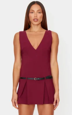 Burgundy Stretch Woven Pleated Belted Skort Romper