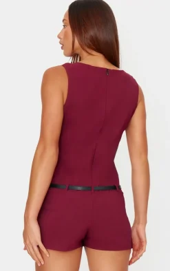 Burgundy Stretch Woven Pleated Belted Skort Romper