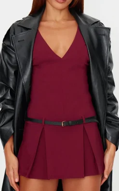 Burgundy Stretch Woven Pleated Belted Skort Romper