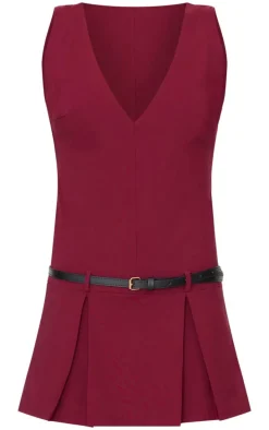 Burgundy Stretch Woven Pleated Belted Skort Romper