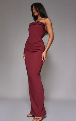 Burgundy Stretch Woven Rosette Bandeau Maxi Dress