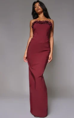 Burgundy Stretch Woven Rosette Bandeau Maxi Dress