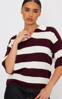 Burgundy Stripe Knit V Neck Oversized Rugby Top