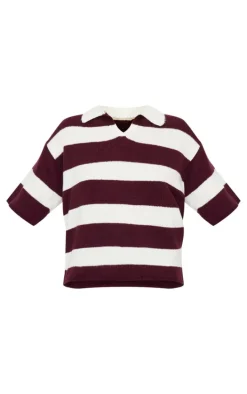 Burgundy Stripe Knit V Neck Oversized Rugby Top