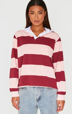 Burgundy Striped Collar Detail Long Sleeve T Shirt