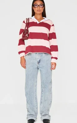 Burgundy Striped Collar Detail Long Sleeve T Shirt