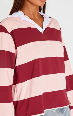 Burgundy Striped Collar Detail Long Sleeve T Shirt