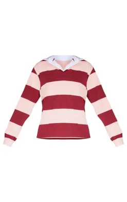Burgundy Striped Collar Detail Long Sleeve T Shirt