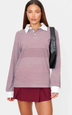 Burgundy Striped Collared Oversized Long Sleeve T Shirt