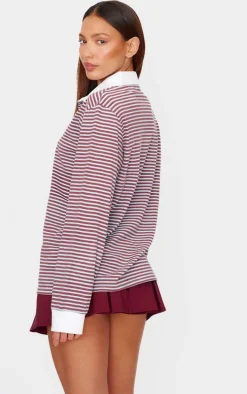 Burgundy Striped Collared Oversized Long Sleeve T Shirt