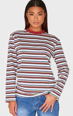 Burgundy Striped Contrast Collar Long Sleeve Top