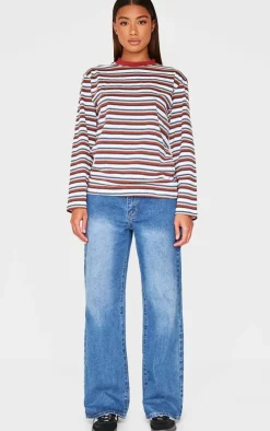 Burgundy Striped Contrast Collar Long Sleeve Top