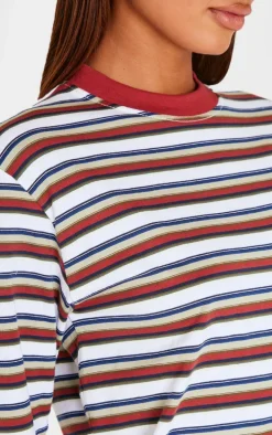 Burgundy Striped Contrast Collar Long Sleeve Top