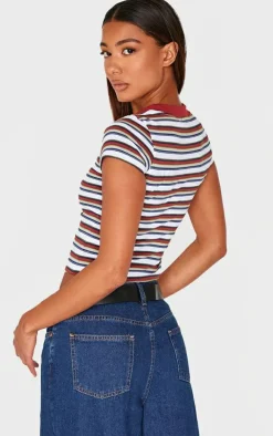 Burgundy Striped Contrast Collar Short Sleeve Top