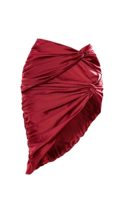 Burgundy Structured Satin Ruched Double Knot Midi Skirt