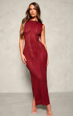 Burgundy Texture Extreme Back Cut Out Maxi Dress