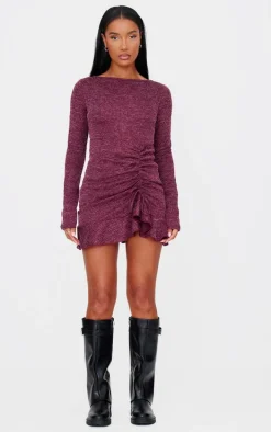Burgundy Textured Long Sleeve Ruched Detail Shift Dress