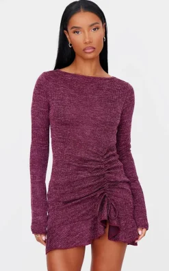 Burgundy Textured Long Sleeve Ruched Detail Shift Dress