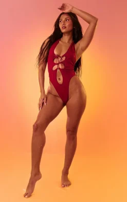 Burgundy Tie Front Cut Out Swimsuit