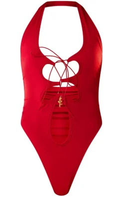 Burgundy Tie Front Cut Out Swimsuit