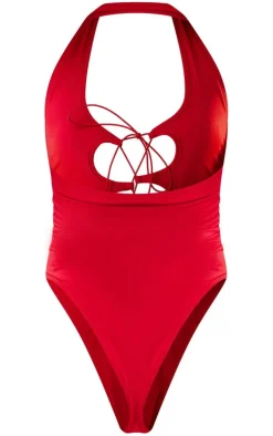 Burgundy Tie Front Cut Out Swimsuit
