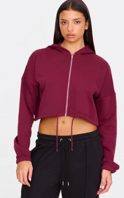 Burgundy Toggle Waist Zip Up Cropped Hoodie