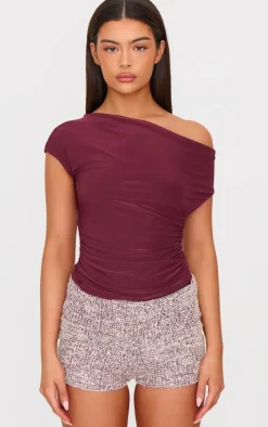 Burgundy Tweed Look Fold Over Hot Pants