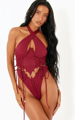 Burgundy Underwired Lace Up O Ring High Leg Swimsuit
