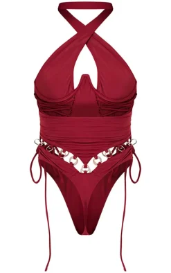 Burgundy Underwired Lace Up O Ring High Leg Swimsuit