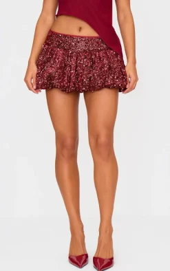Burgundy Velvet Mixed Sequin Mini Puffball Skirt