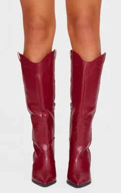 Burgundy Wide Fit PU Point Toe Knee High Heeled Western Boots