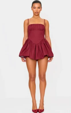 Burgundy Woven Dipped Waist Strappy Romper