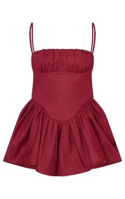 Burgundy Woven Dipped Waist Strappy Romper
