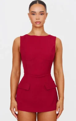 Burgundy Woven Pocket Detail Sleeveless Skort Romper