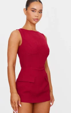 Burgundy Woven Pocket Detail Sleeveless Skort Romper