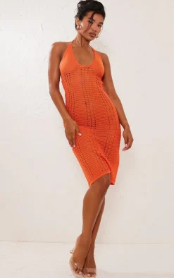 Burnt Orange Crochet Midi Dress