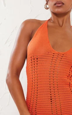 Burnt Orange Crochet Midi Dress