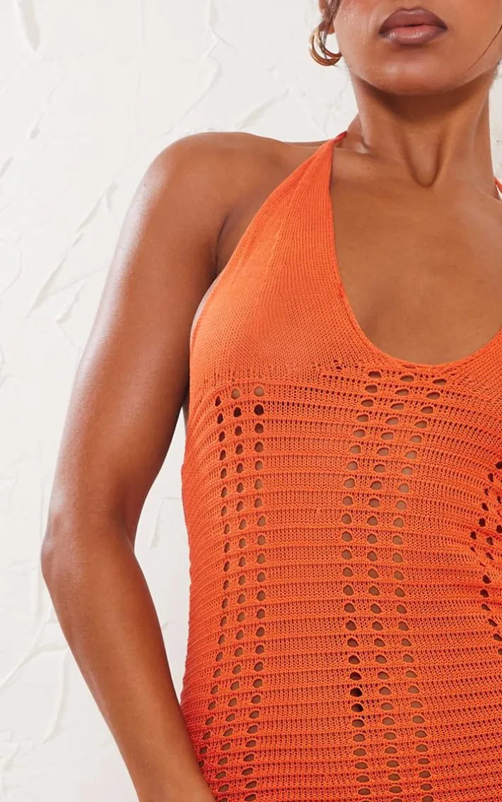 Burnt Orange Crochet Midi Dress