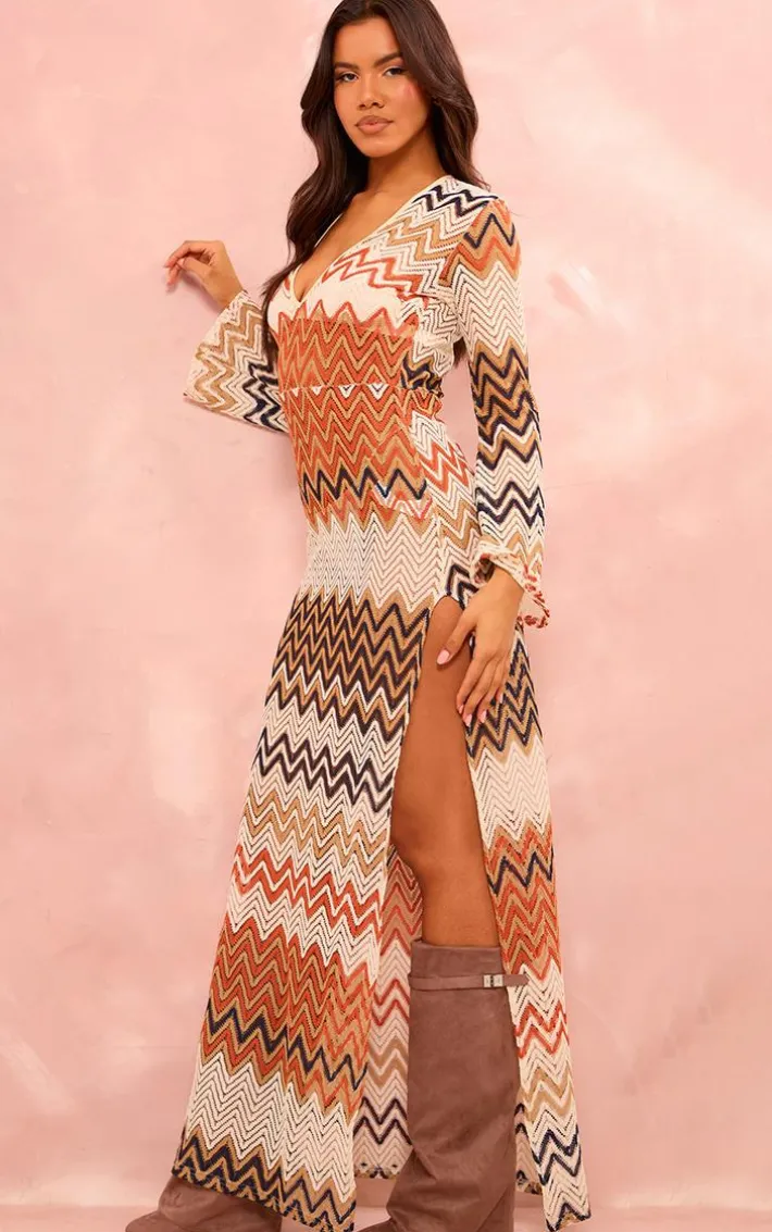 Burnt Orange Chevron Print Lace Maxi Dress