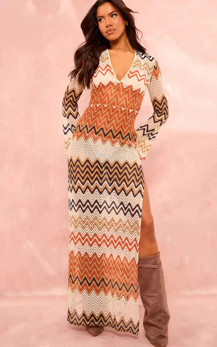 Burnt Orange Chevron Print Lace Maxi Dress