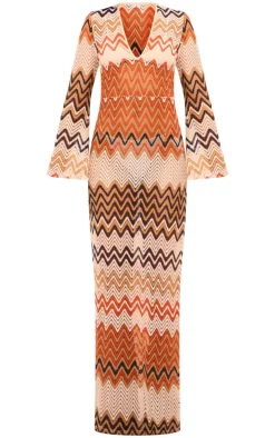 Burnt Orange Chevron Print Lace Maxi Dress