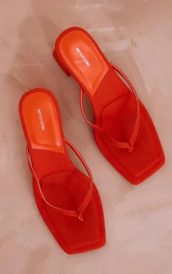 Burnt Orange Linen Look Square Toe Thong Block Heeled Mules