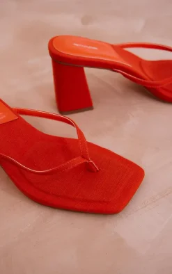 Burnt Orange Linen Look Square Toe Thong Block Heeled Mules