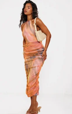 Burnt Orange Mesh Halterneck Ruched Maxi Dress